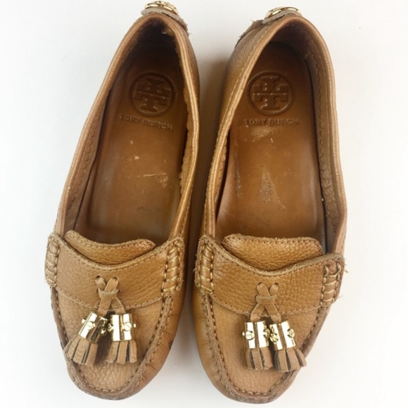 Tory Burch Shoes - TORY BURCH Tan Leather Lawrence Tassel & Logo Loafers Driver Moccasin Flats 5